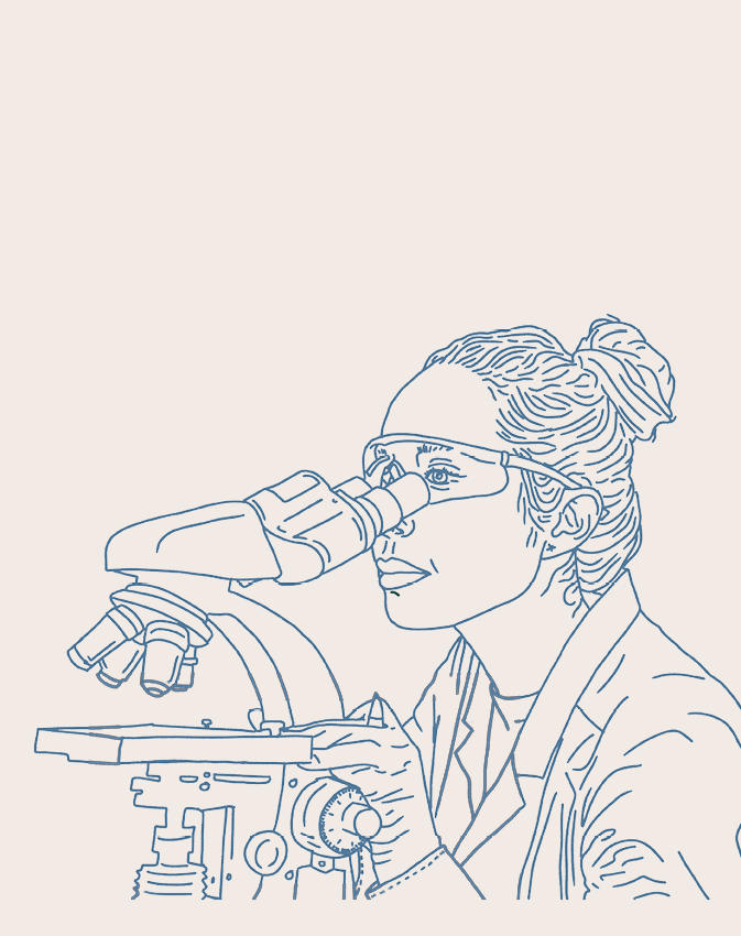Hand drawn illustration, woman looking into microscope wearing safety goggles