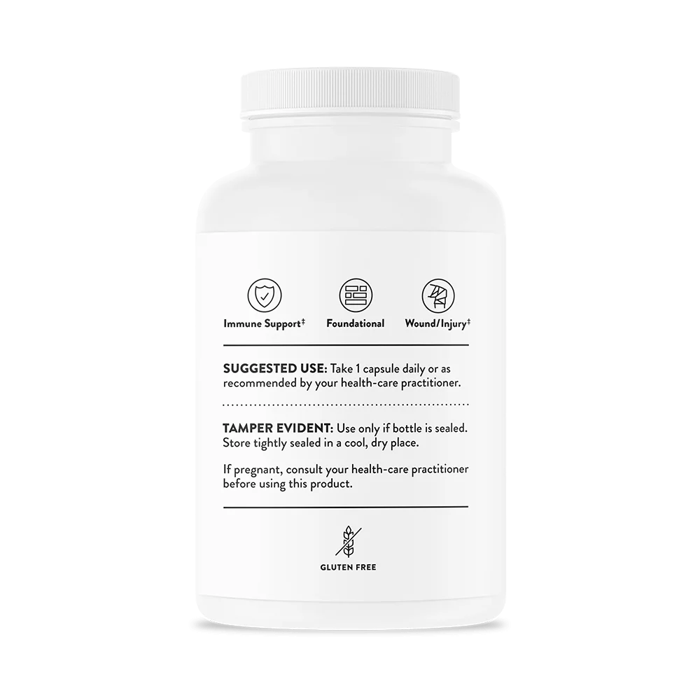 Back of Thorne Vitamin-C Ascorbic Acid Supplement Bottle